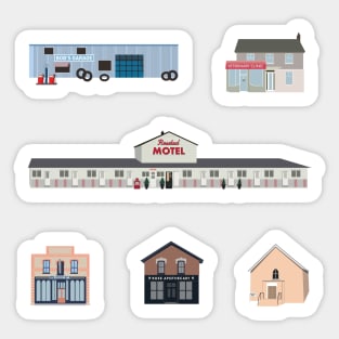 The Schitt's Creek Buildings, from the Rosebud Motel to Rose Apothecary Sticker